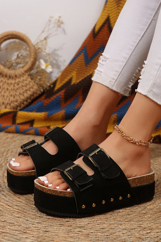 Black Suede Buckle Corky Platform Slides Shoes