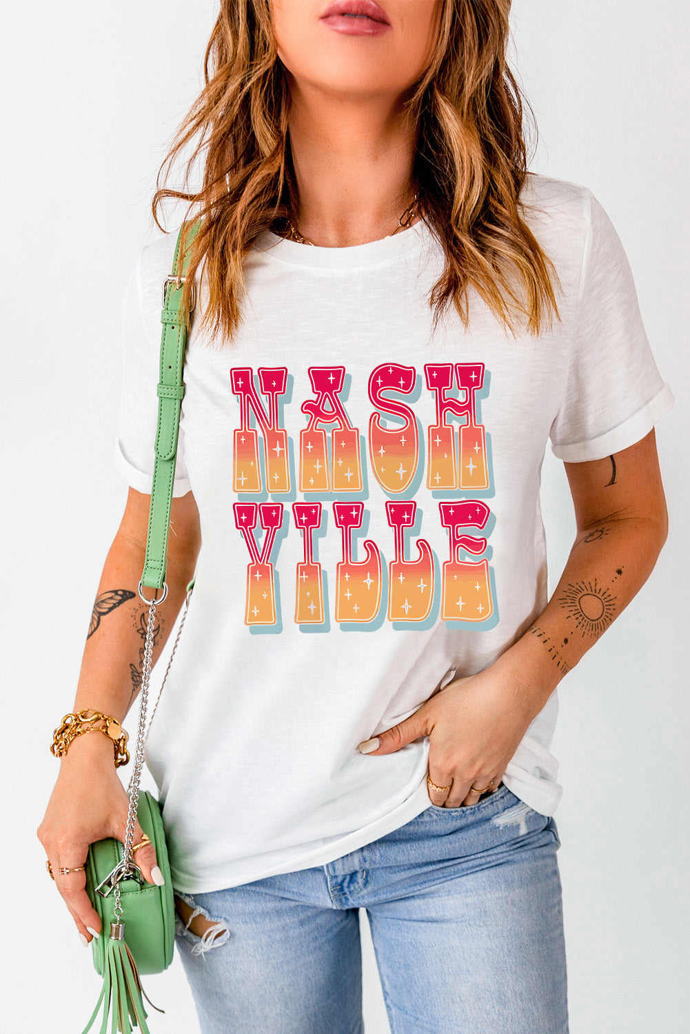 White NASHVILLE Starry Graphic Crew Neck T Shirt