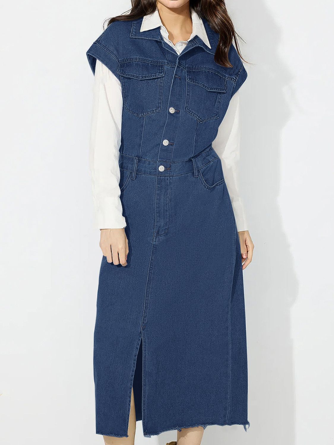 Slit Half Button Collared Neck Cap Sleeve Denim Dress