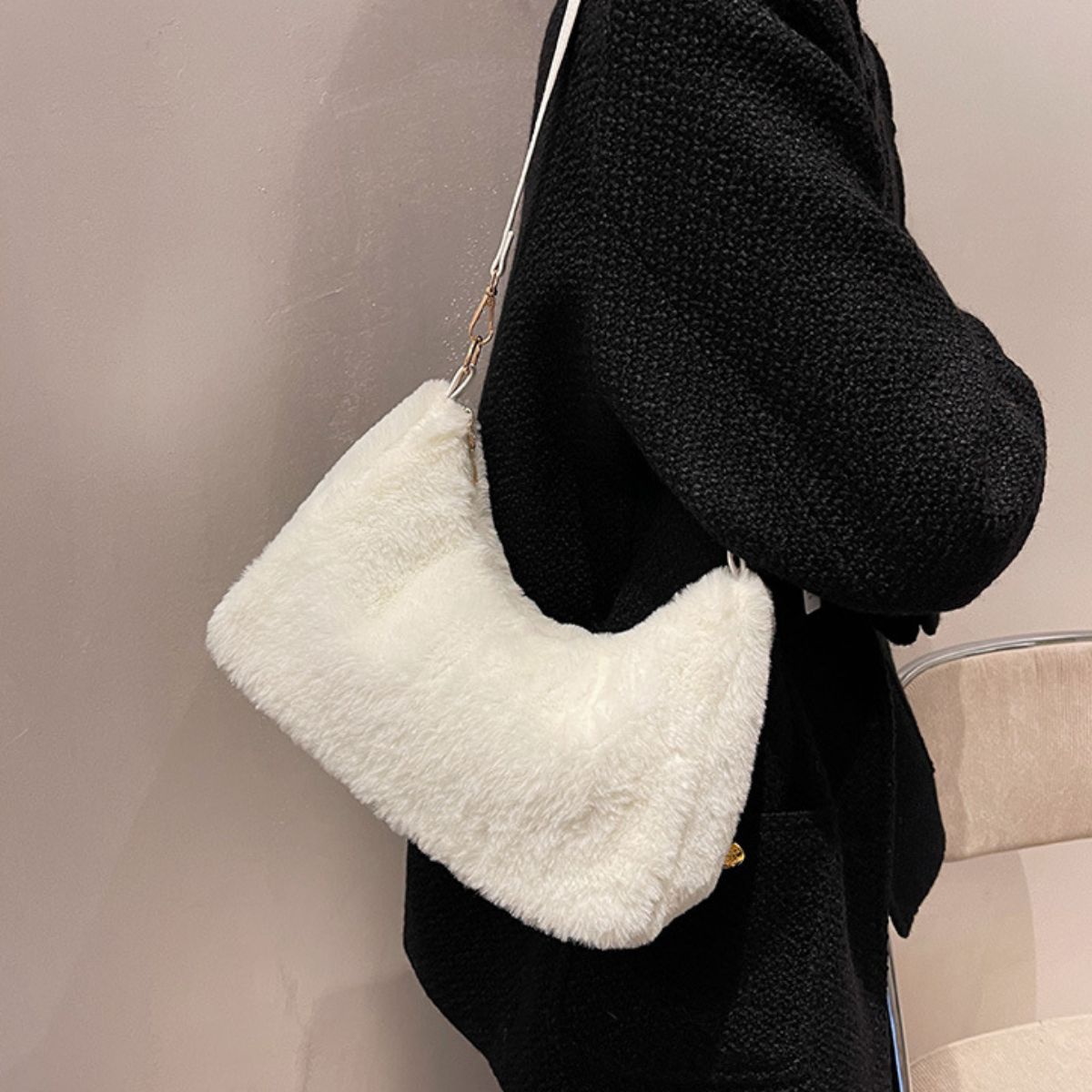 Faux Fur Removable Strap Shoulder Bag