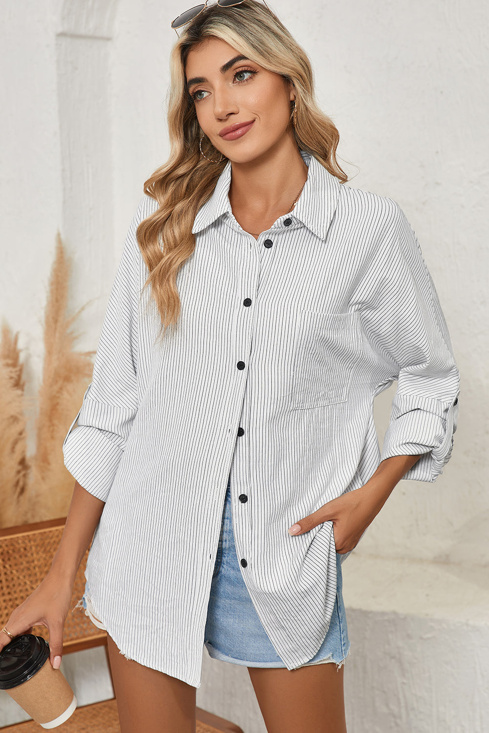 Black Stripe Roll-tab Sleeve Pocketed Tunic Shirt