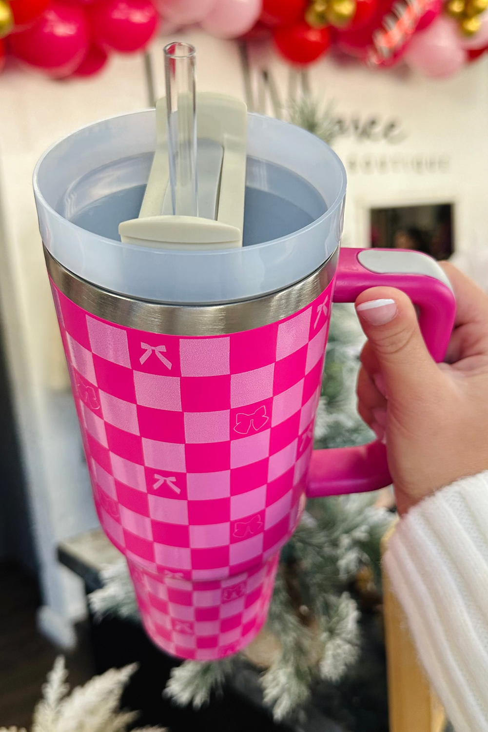 Bright Pink Checkered Bow Print Tumbler Cup