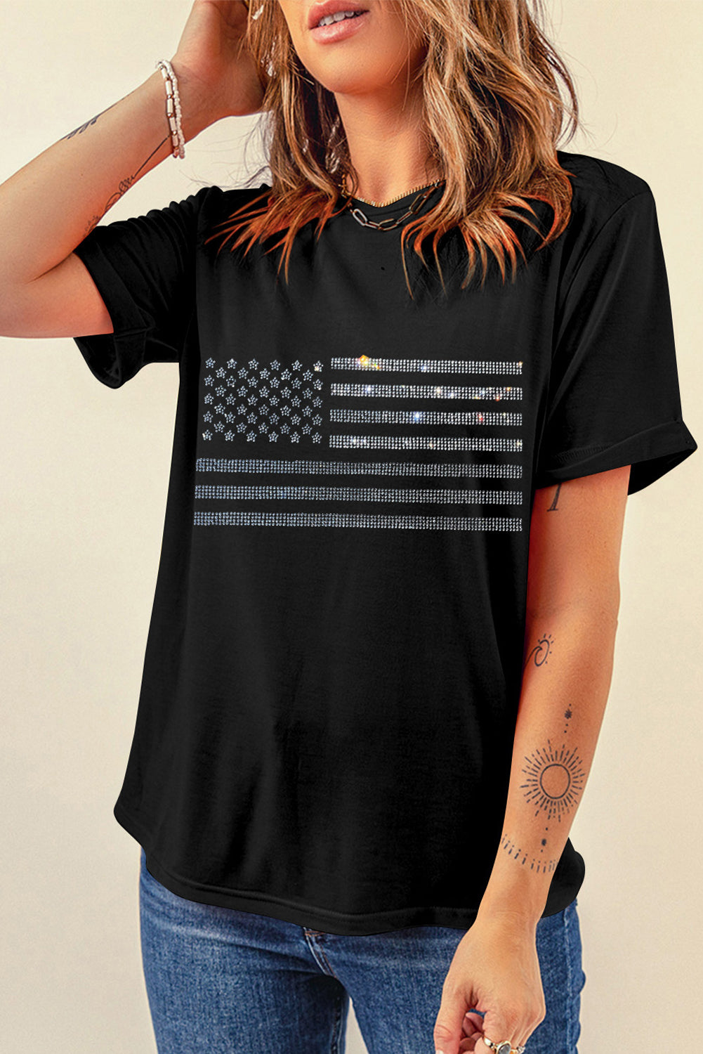 Black Rhinestone American Flag Graphic Crew Neck Tee