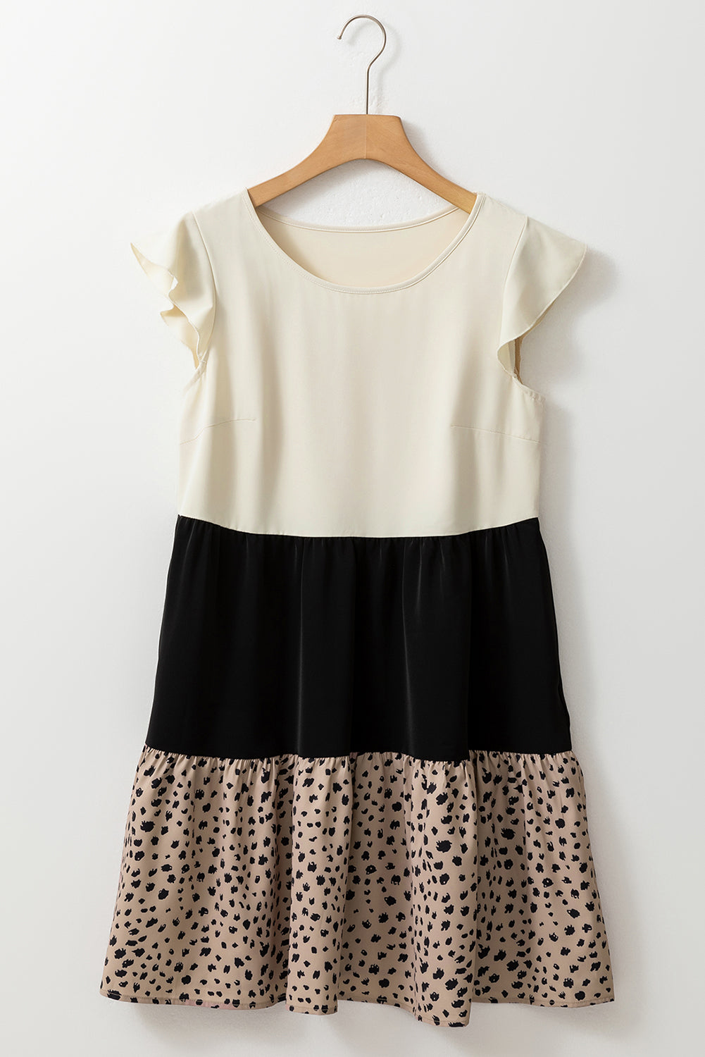 Light Beige Animal Spot Colorblock Flutter Sleeve A-line Dress