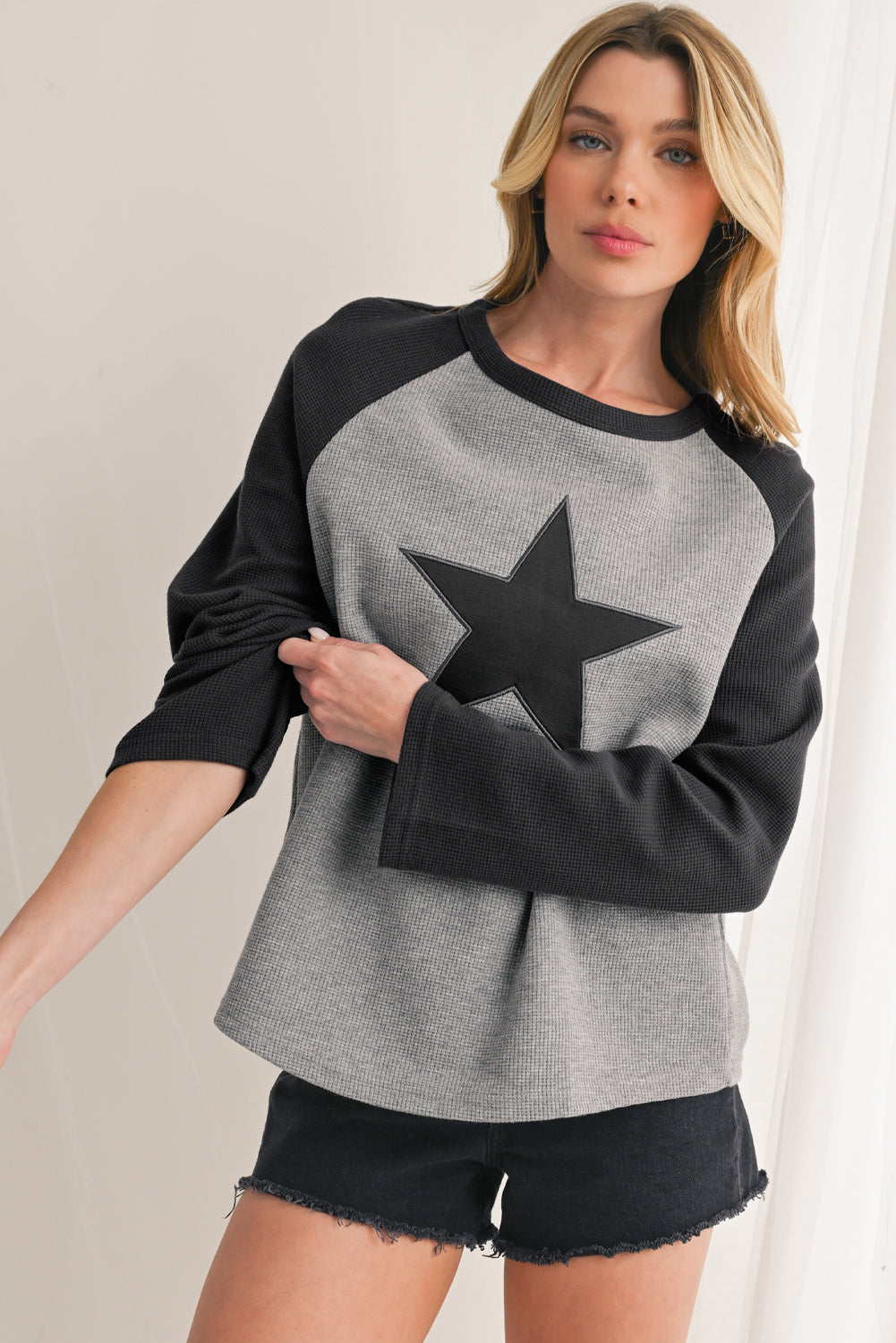 High-rise Waffle Knit Star Graphic Raglan Sleeve Top