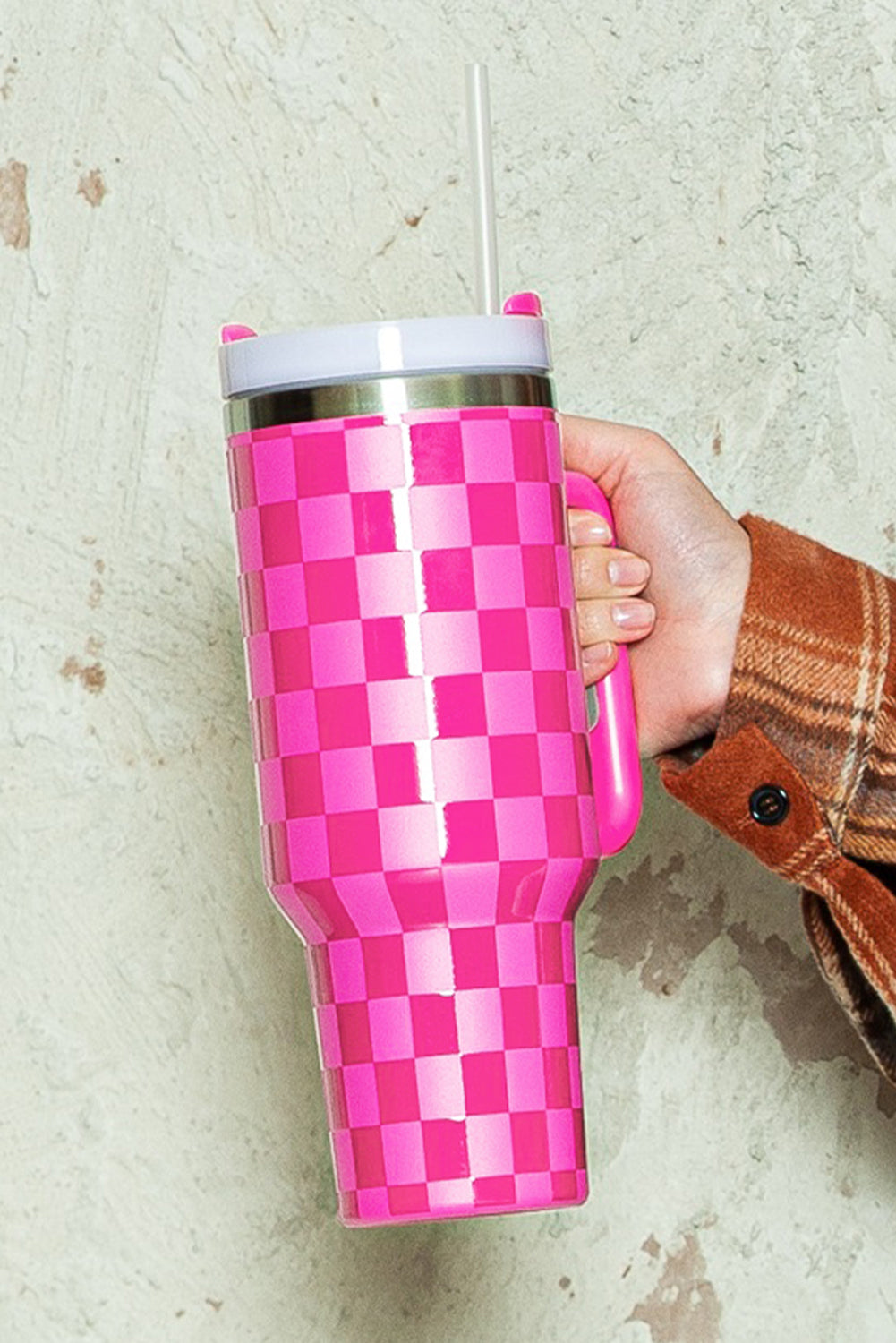 Black Checkered Print Handled Stainless Steel Tumbler Cup