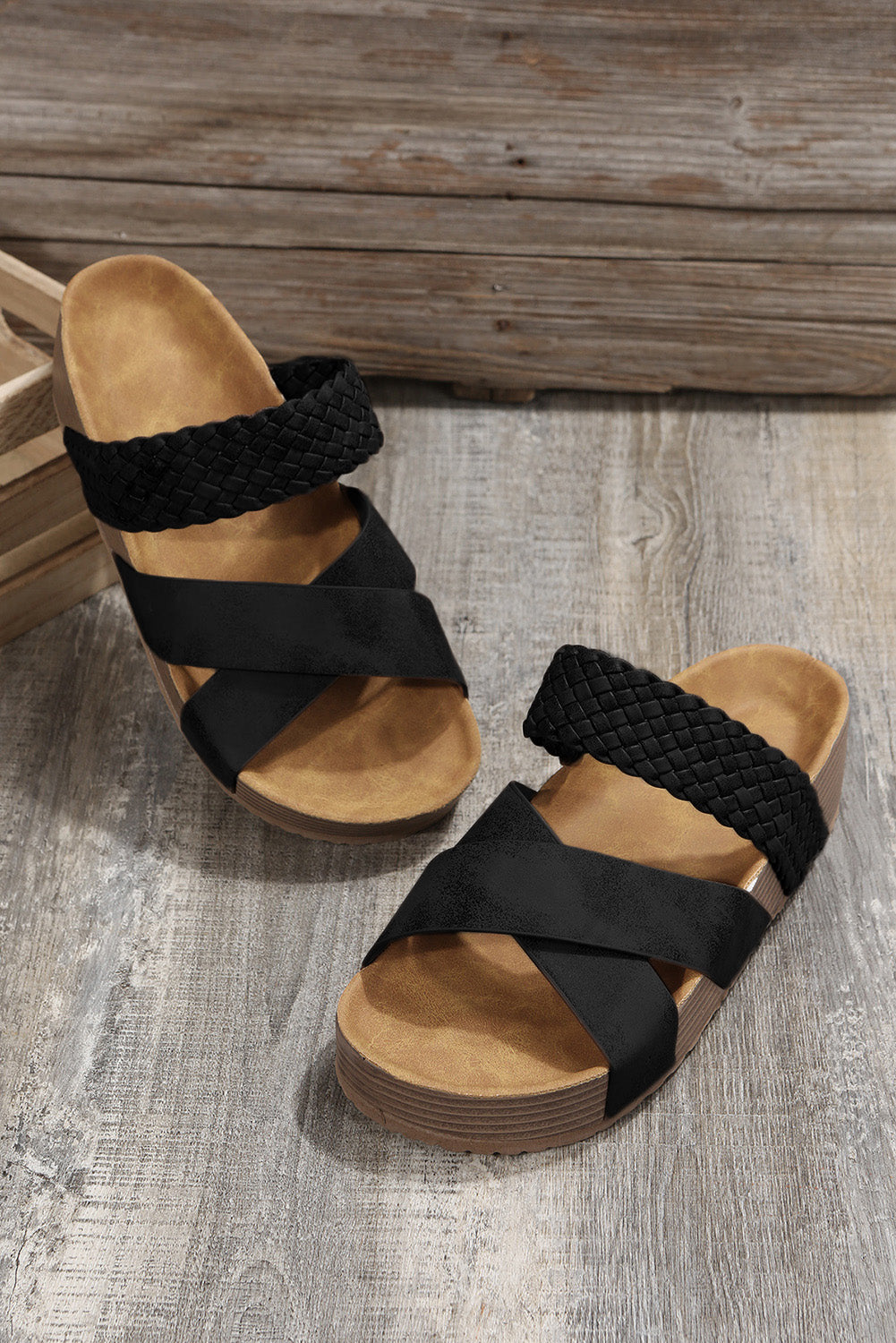 Black Braided Detail Criss Cross Platform Slides Shoes