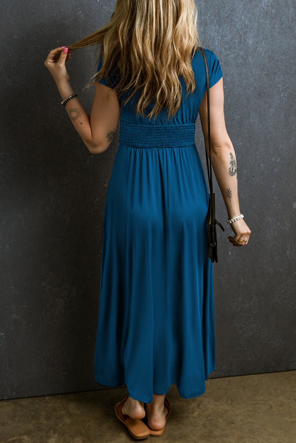 Peacock Blue Deep V Neck Ruched High Waist Midi Dress