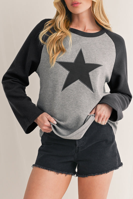 High-rise Waffle Knit Star Graphic Raglan Sleeve Top