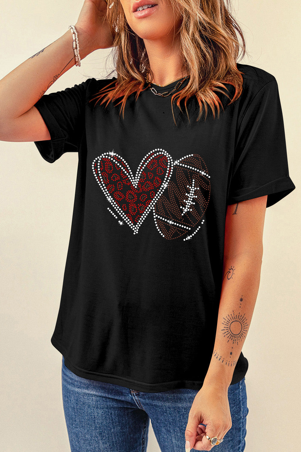 Black Rhinestone Rugby Heart Shape Graphic Crewneck T Shirt