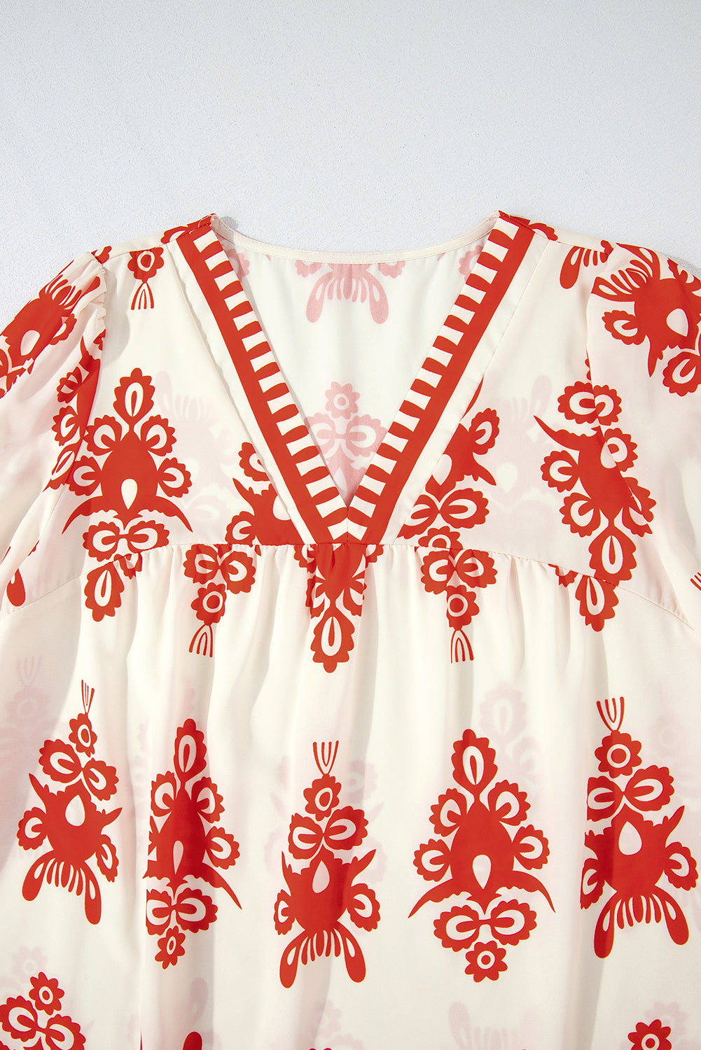 Beige Ethnic Abstract Print Puff Sleeve V Neck Blouse