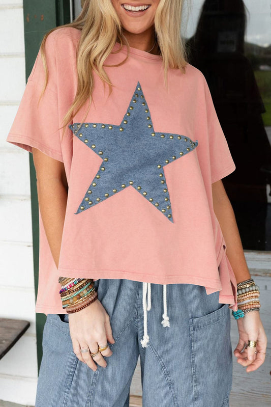 Apricot Pink Studded Star Patch Side Slits High Low Tee