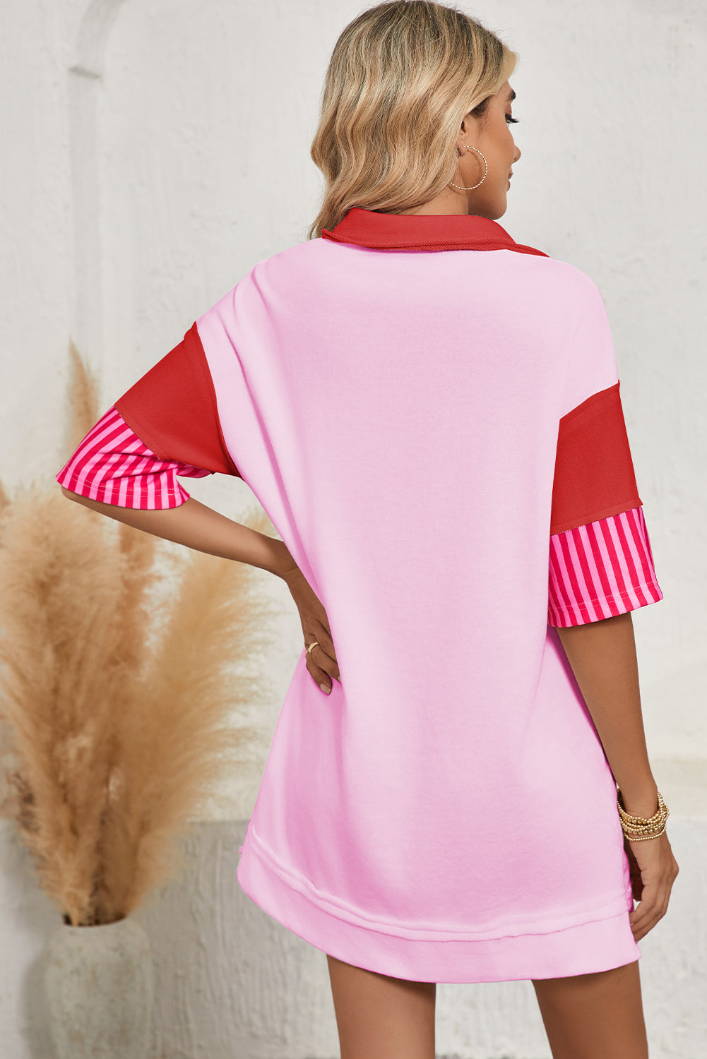 Pink Stripe Colorblock Sleeve Collared Mini Dress