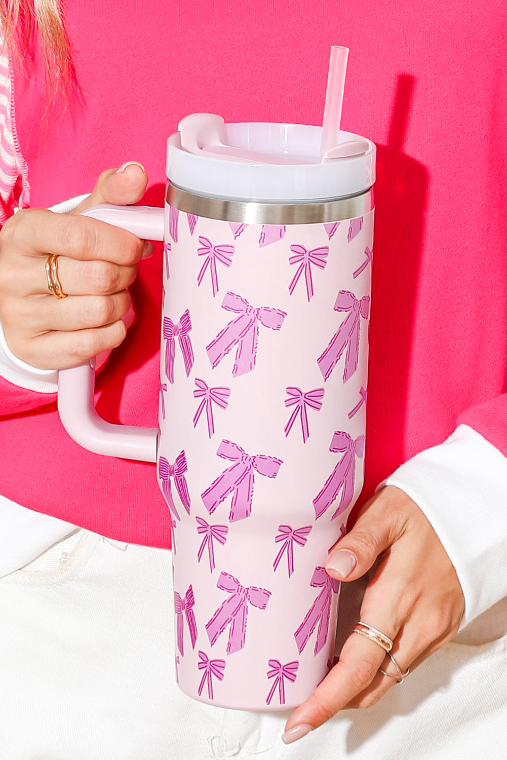 Pink Cute Bowknot Printed Tumbler with Handle 40oz