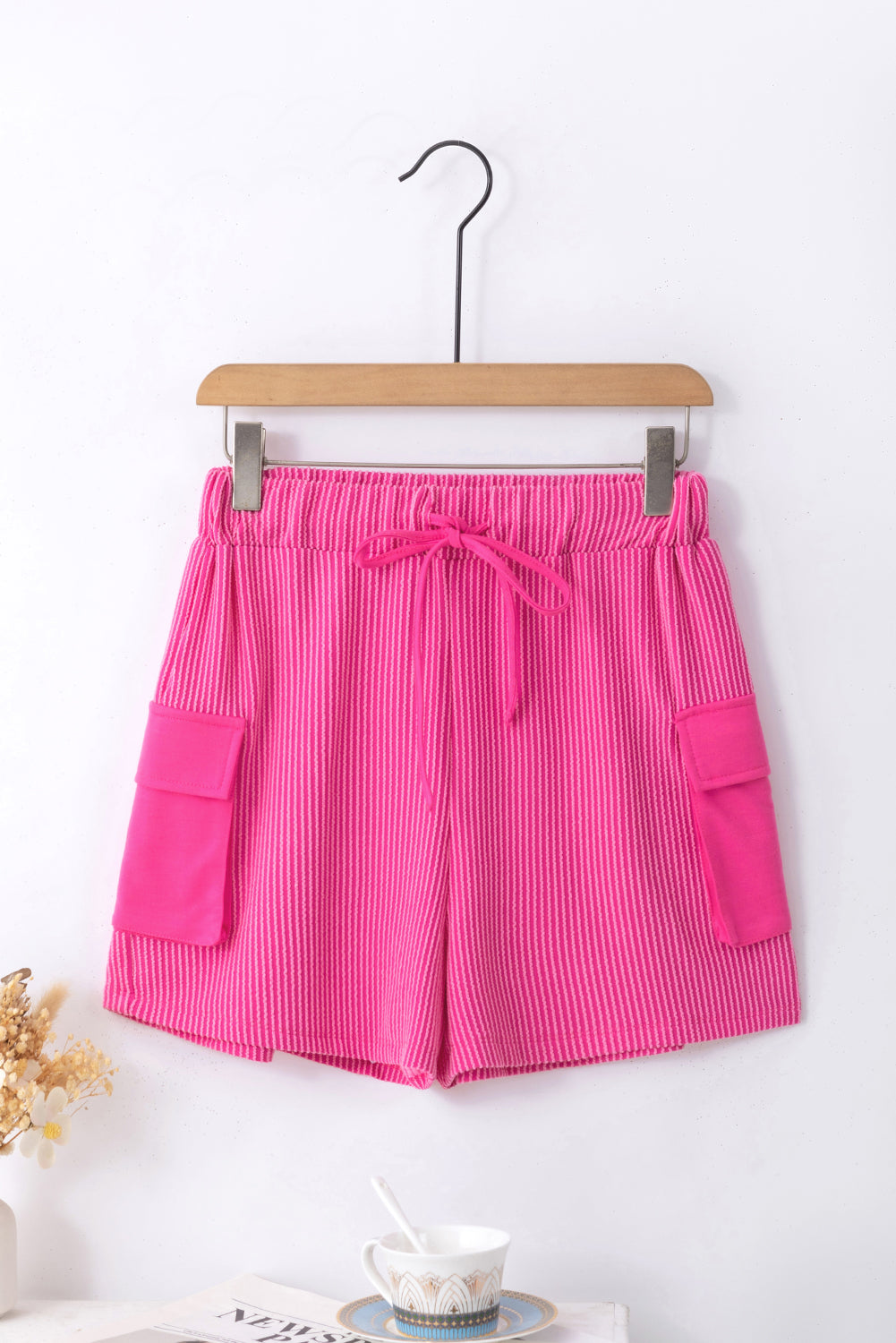 Bright Pink Cargo Pocket Ribbed Drawstring Shorts