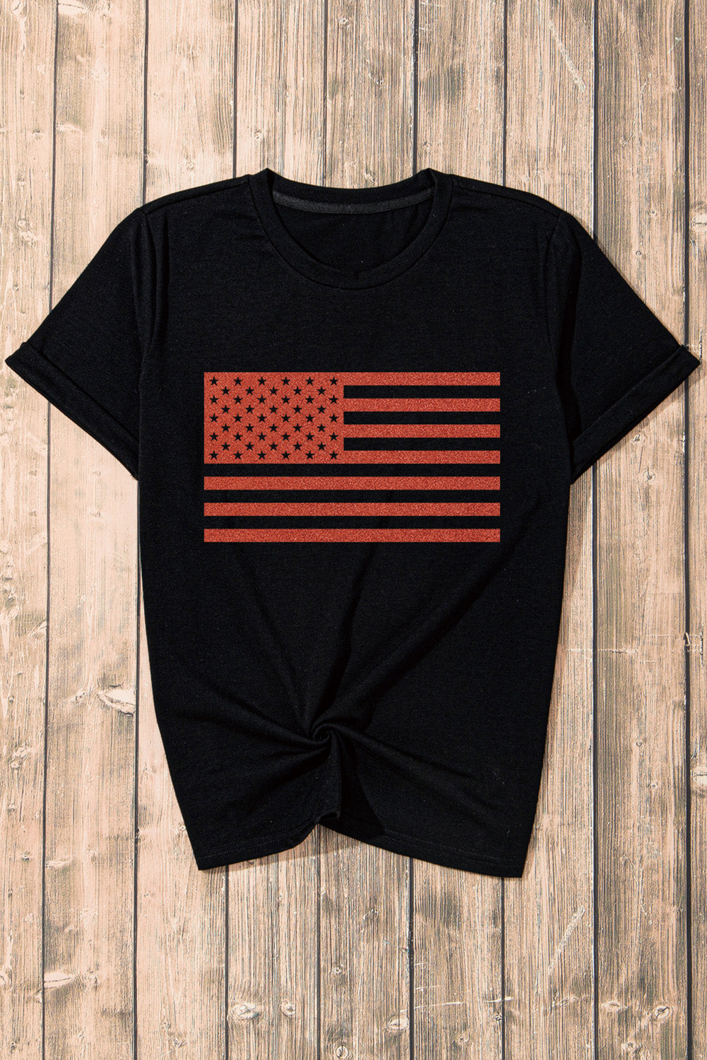 Black Sequin American Flag Graphic Round Neck T Shirt