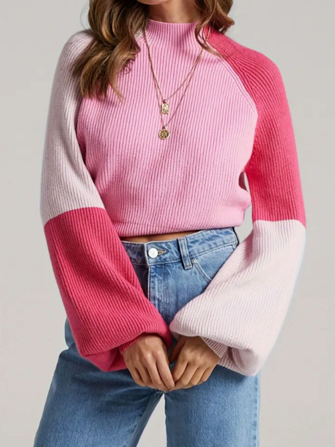 Contrast Mock Neck Long Sleeve Sweater