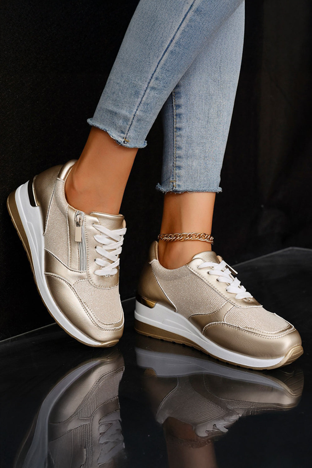 Silvery PU Leather Patchwork Zipper Lace-up Sneakers