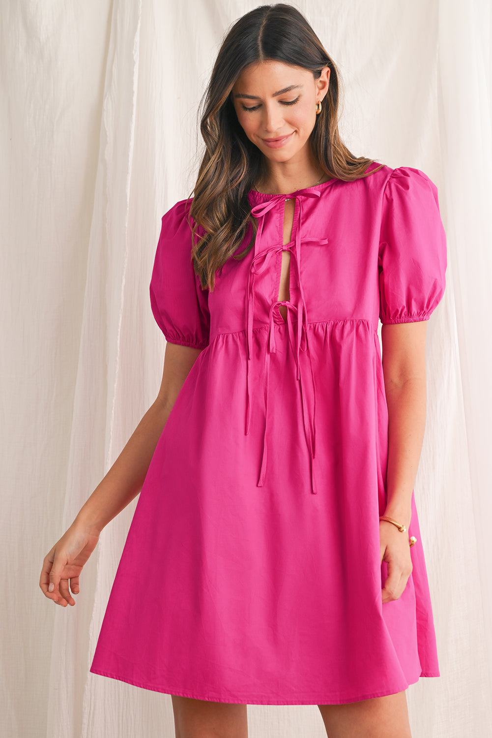 Bright Pink Tie Front Puff Sleeve Mini Dress