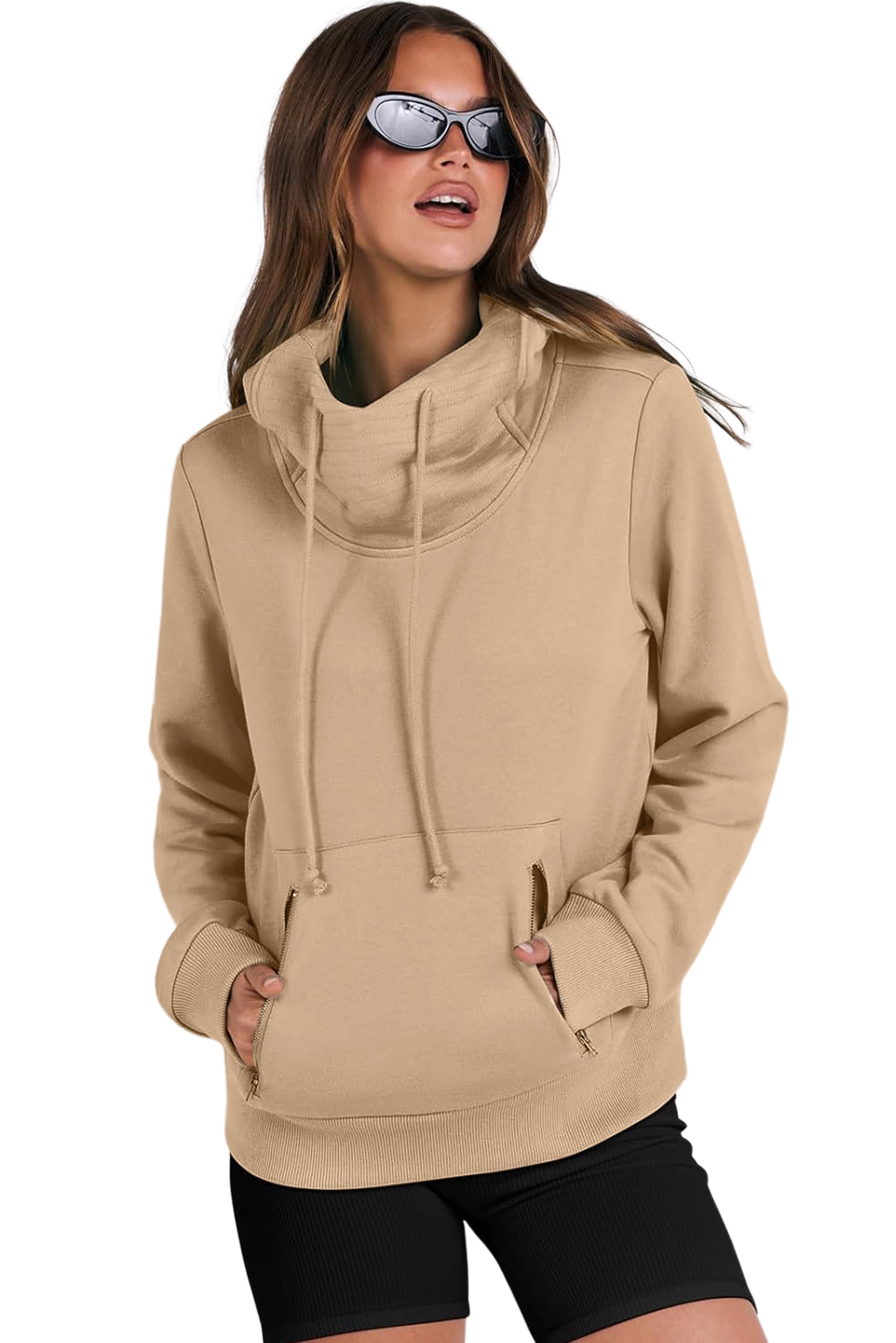 Parchment Zipped Pocket Plain Drawstring Hoodie