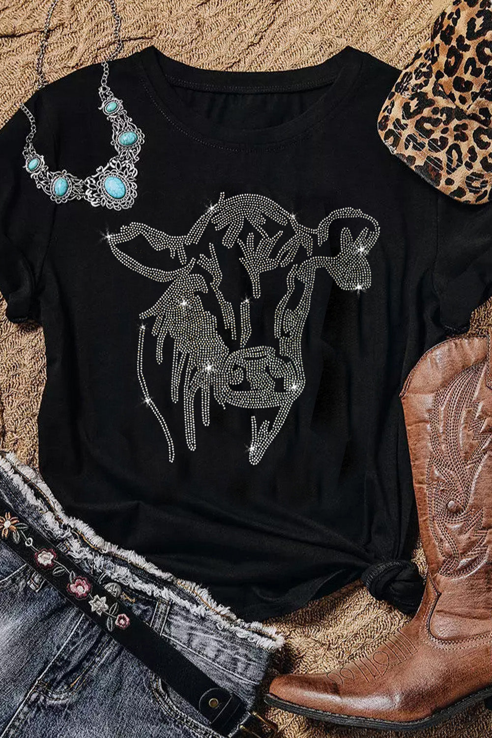 Black Rhinestone Steer Head Graphic T Shirt