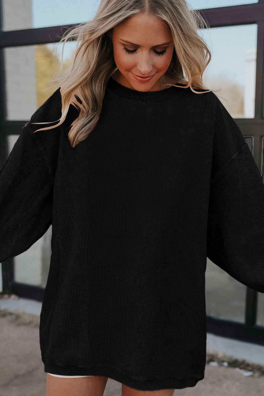 Apricot Drop Shoulder Crinkle Rib Oversized Sweatshirt