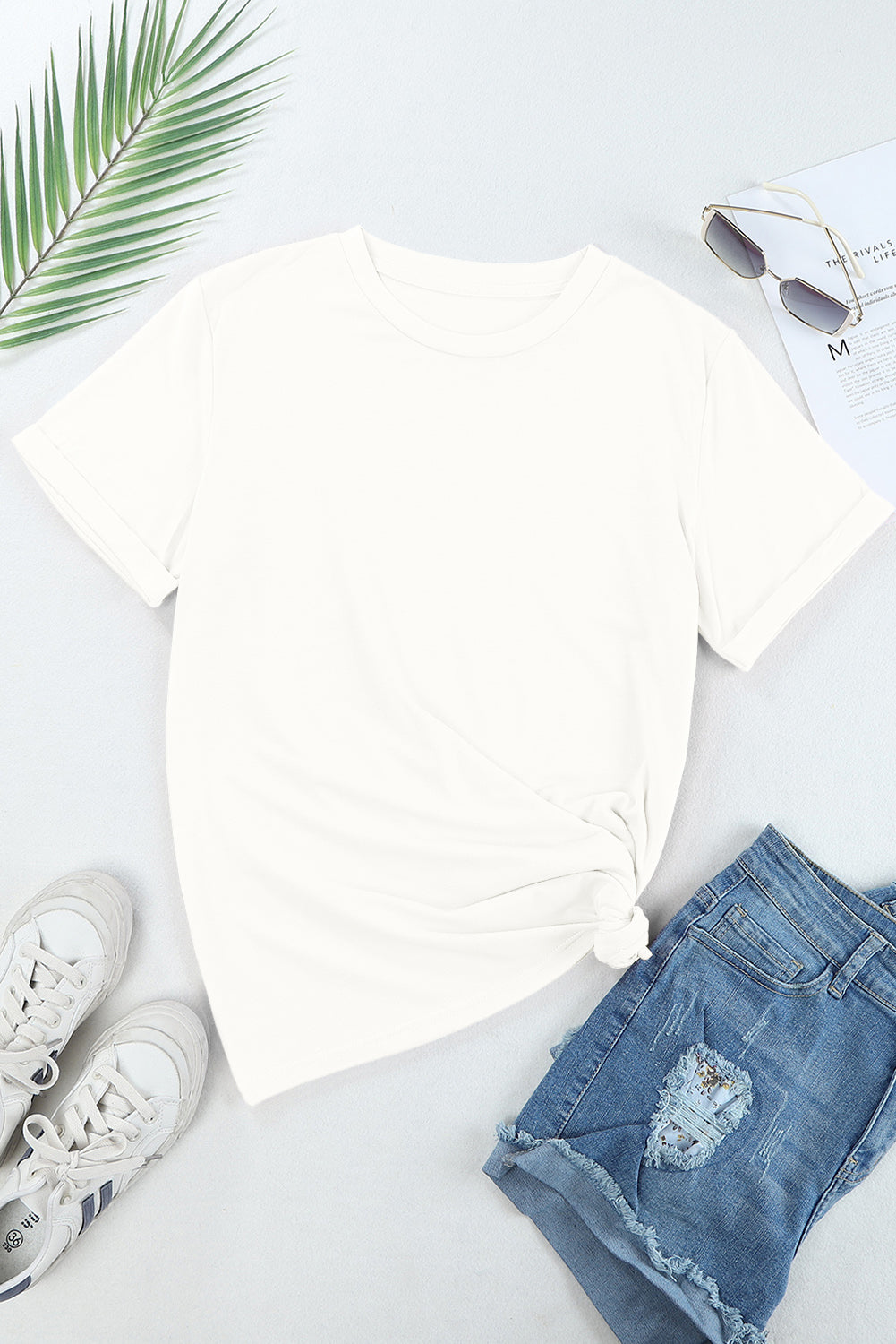 Gray Solid Color Basic Crew Neck Plain Tee