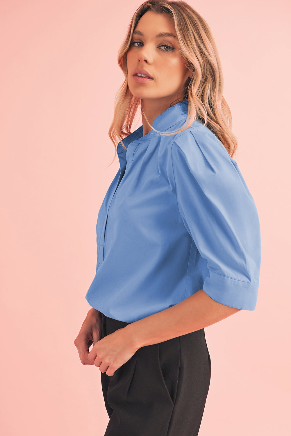 Sky Blue Solid Color Puff Short Sleeve Pleated Blouse