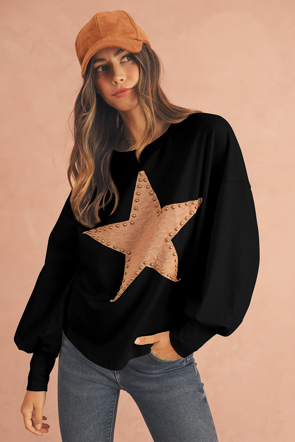 Black Studded Star Graphic Oversized Top