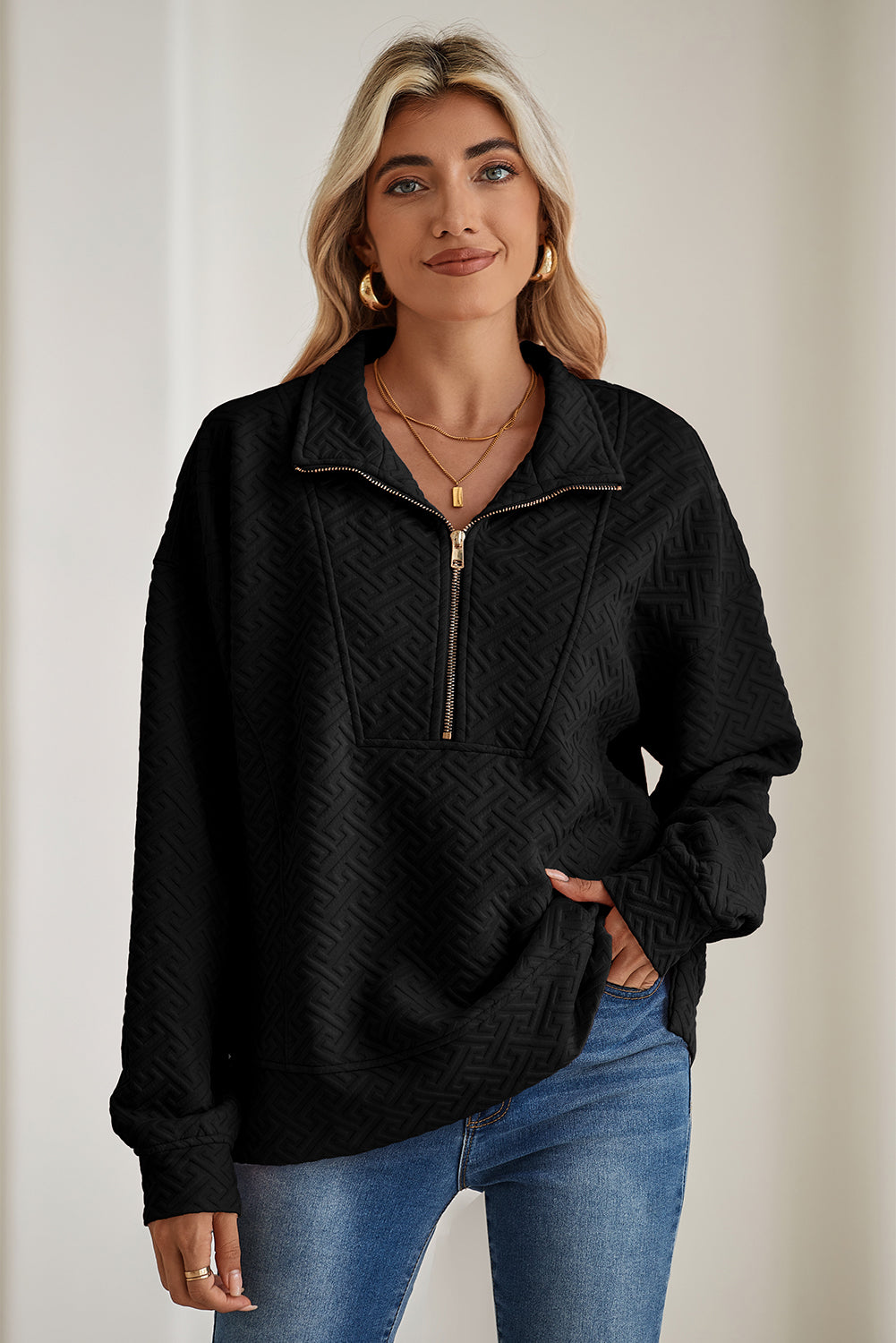 Black Solid Textured Half Zipper Collared Sweatshirt