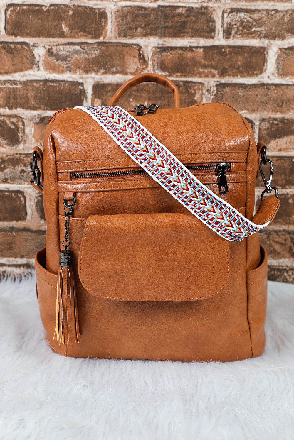 Brown Tassel Decor Retro PU Large Capacity Backpack