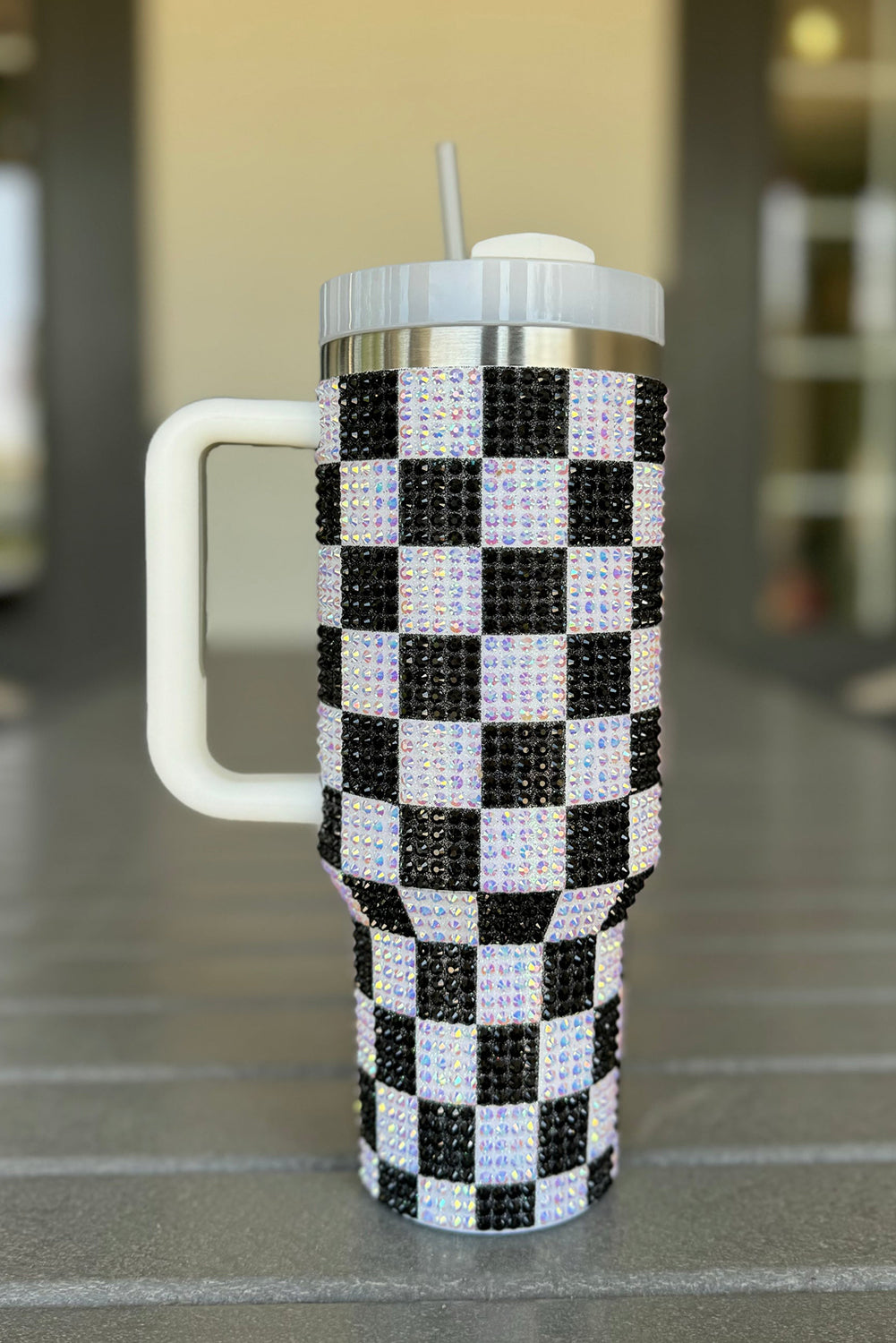 Blackish Green 40oz Rhinestone Checkered Tumbler Cup