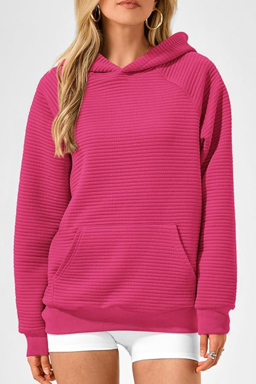 Rose Red Kangaroo Pocket Plain Textured Hoodie