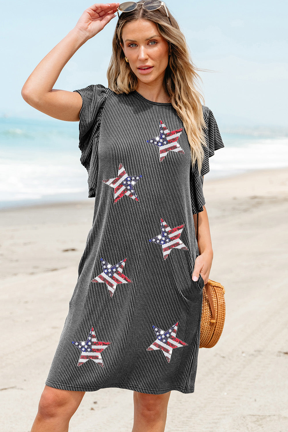 Black Corded Sequin USA Stripe Star Graphic Flutter Sleeve Dress