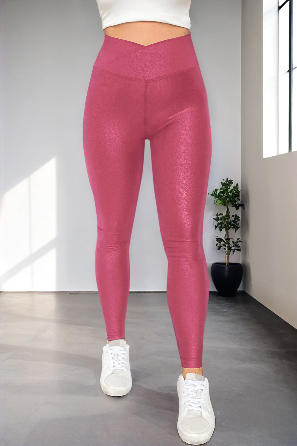 Rose Red Crossed Dip Waist Sleek Leather Leggings