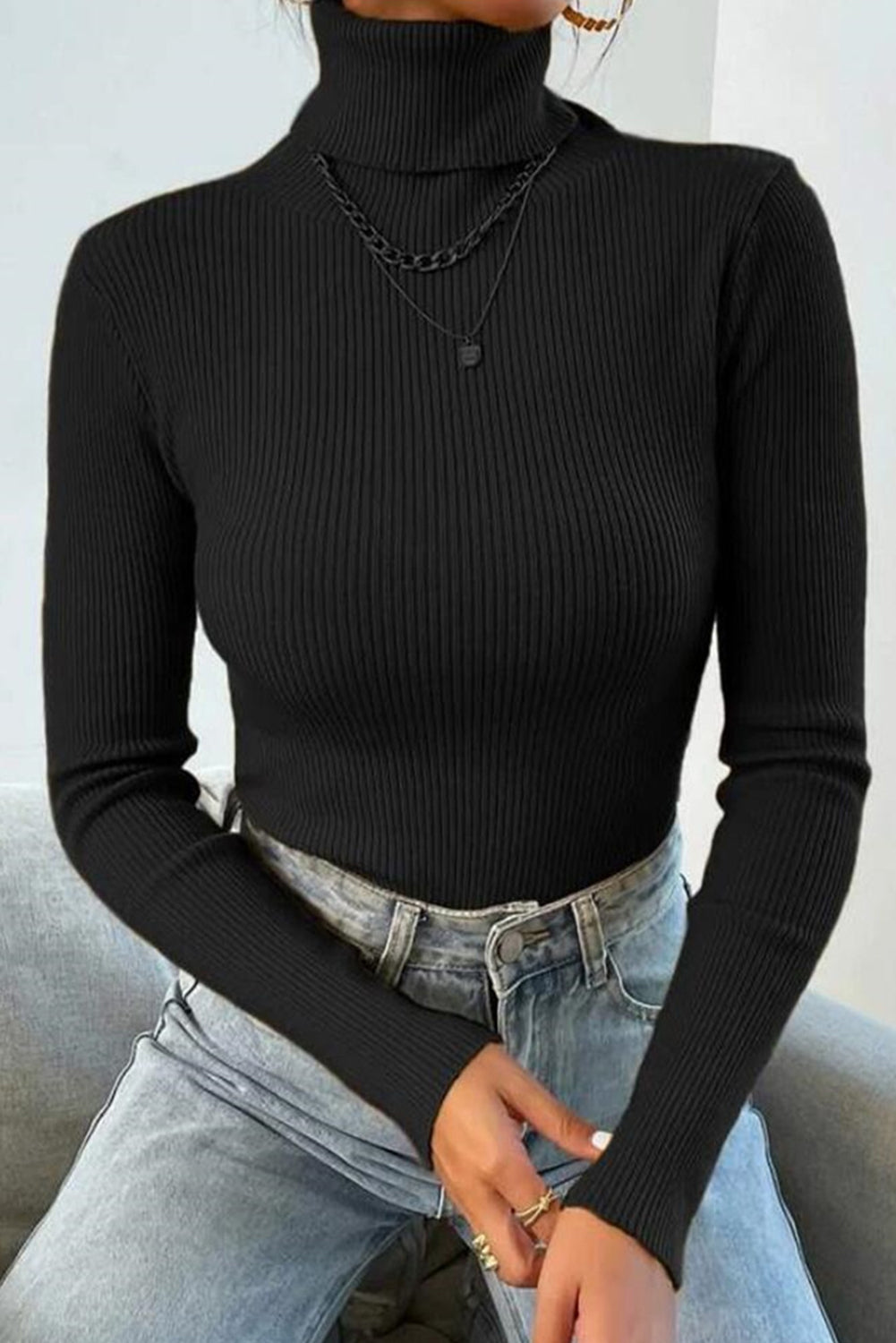 Black Turtleneck Pullover Knit Top