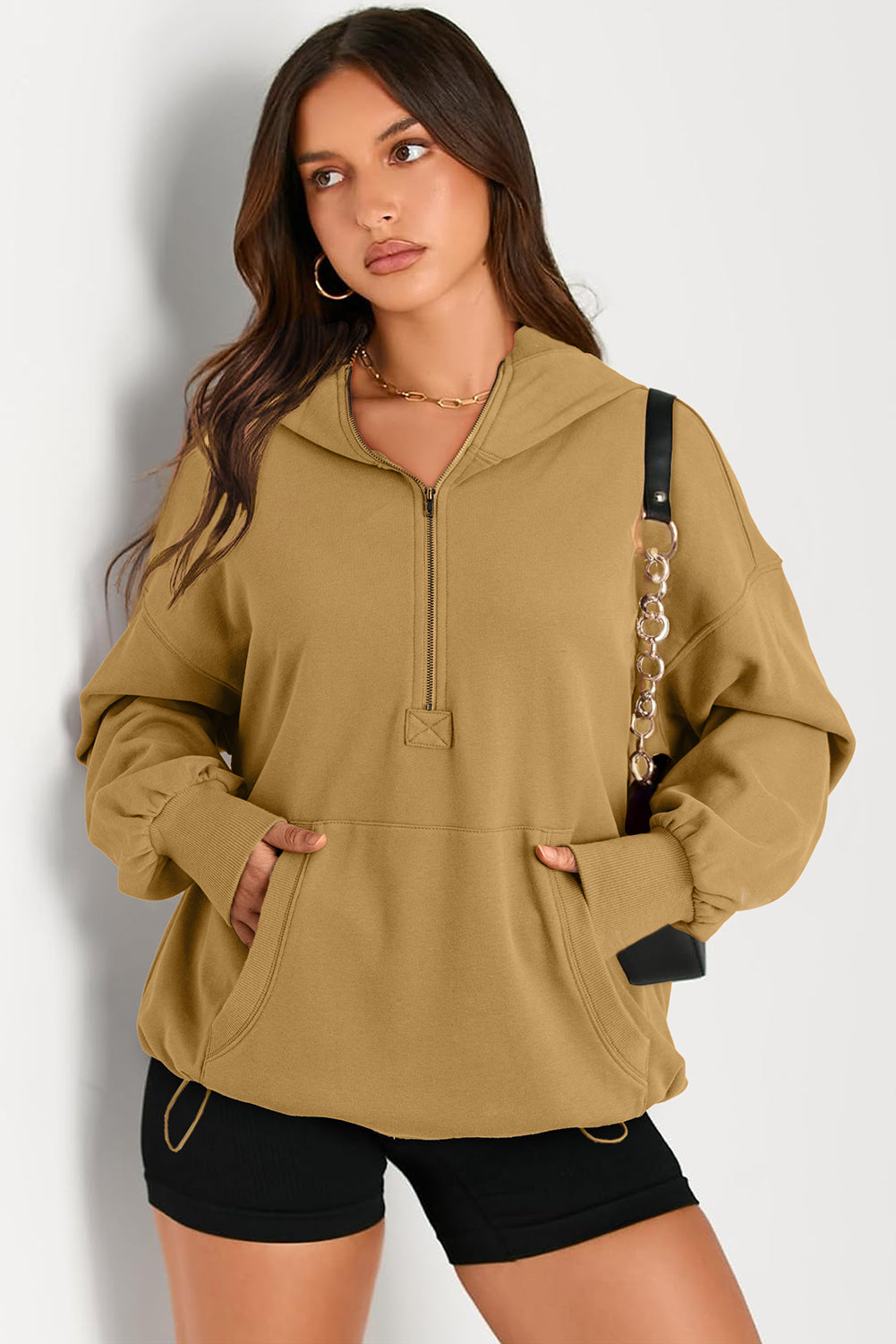 Bonbon Kangaroo Pocket Half Zipper Oversized Hoodie