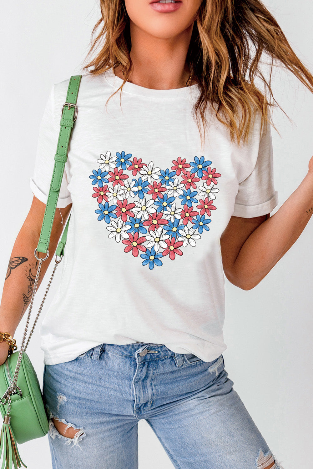 White Daisy Heart Shape Graphic Crew Neck T Shirt