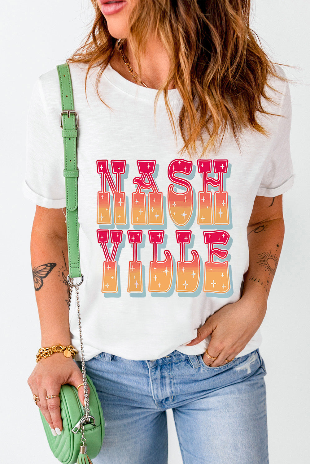 White NASHVILLE Starry Graphic Crew Neck T Shirt