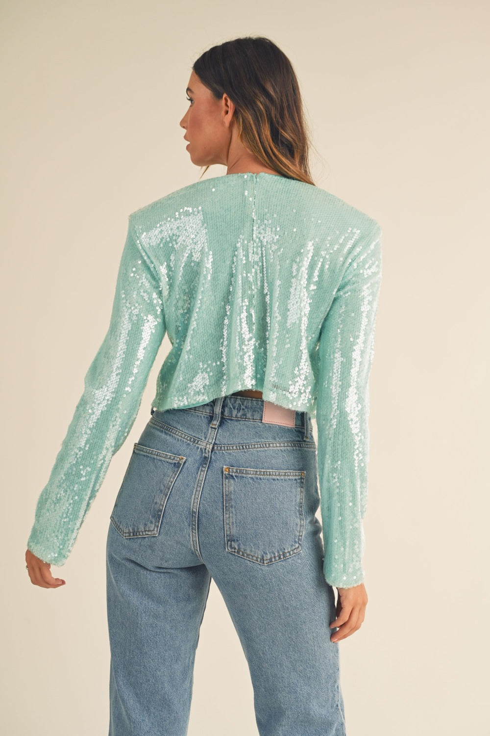 MABLE Shoulder Padded Sequin Crop Top