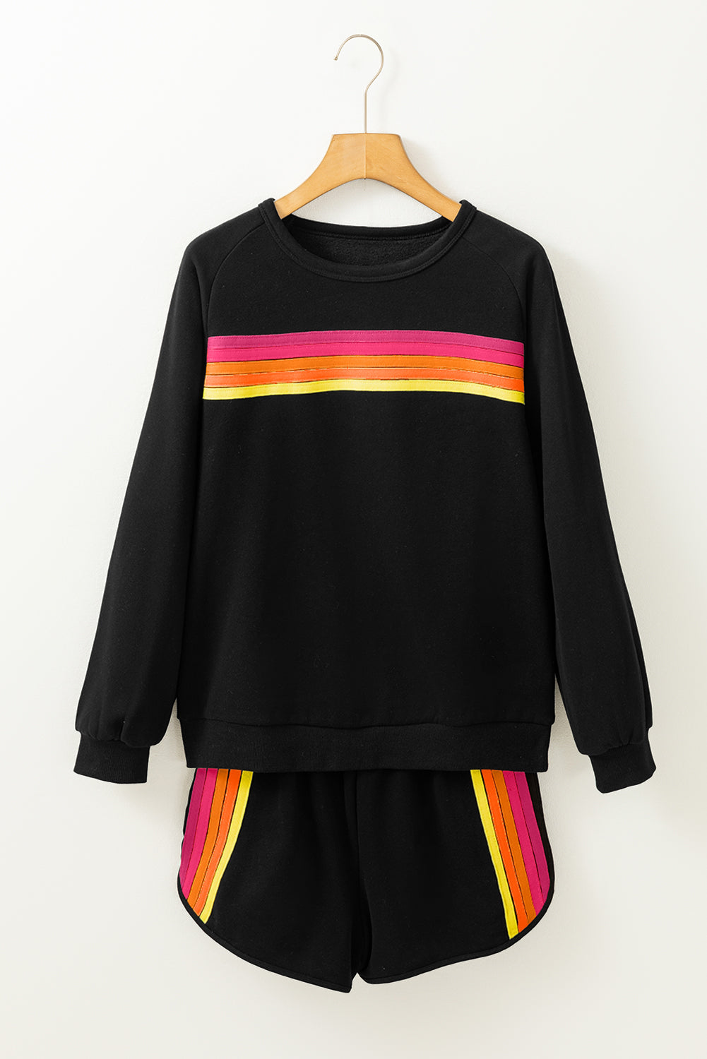 Black Colorful Striped Long Sleeve Pullover and Shorts Set