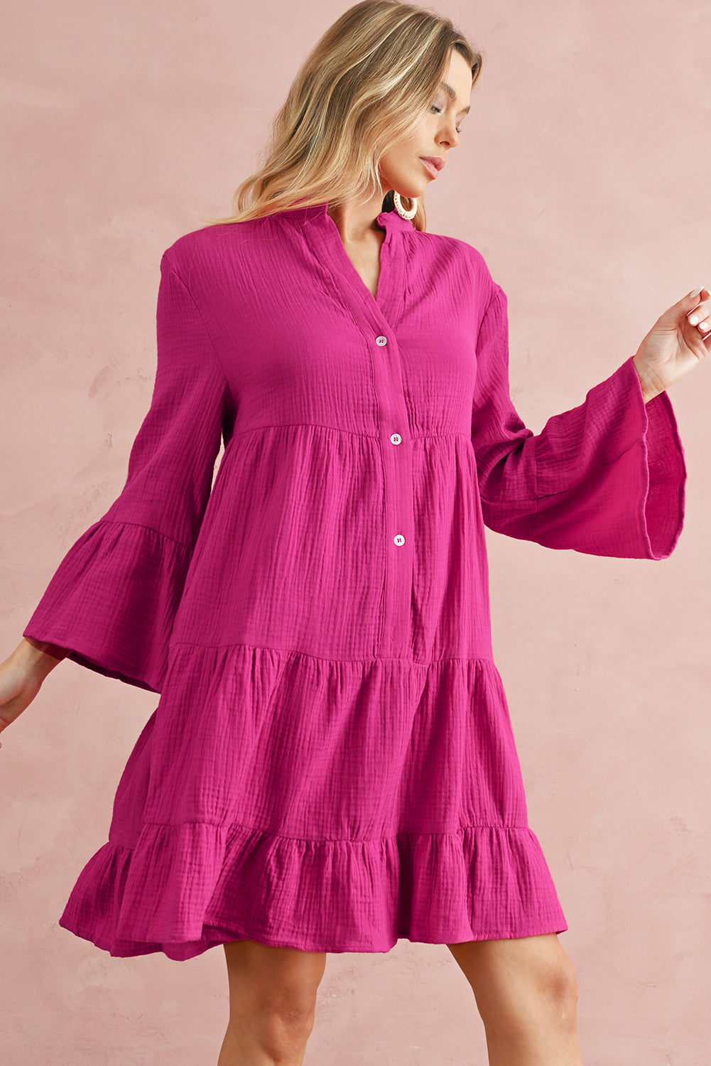 Rose Crinkled Tiered Split Neck Shirt Dress