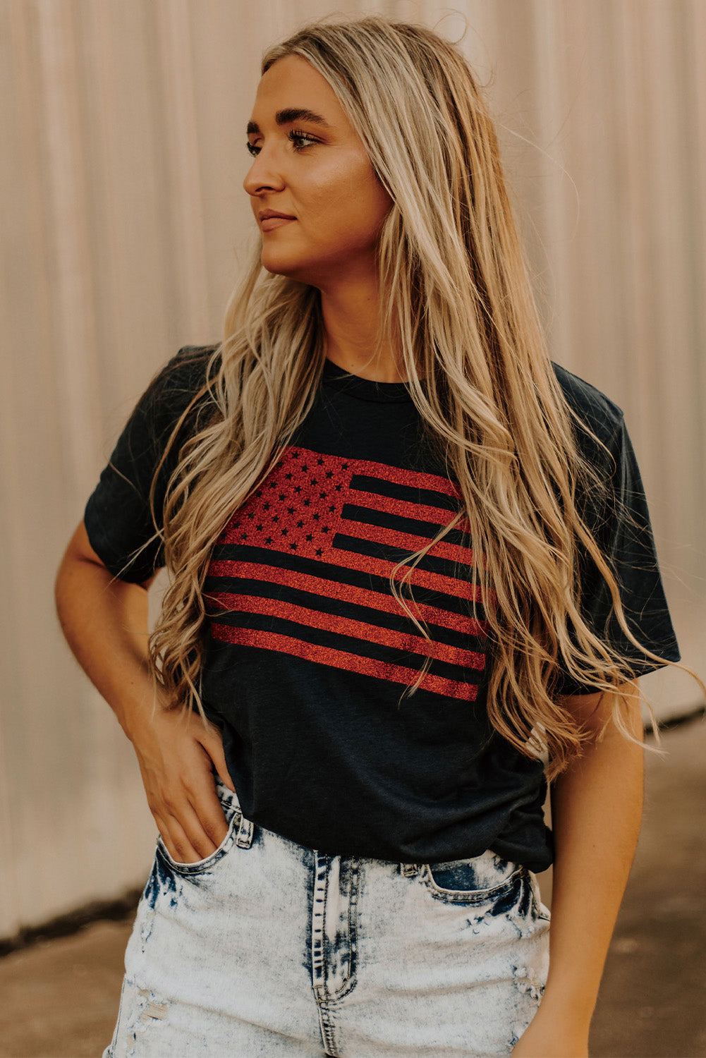 Black Sequin American Flag Graphic Round Neck T Shirt