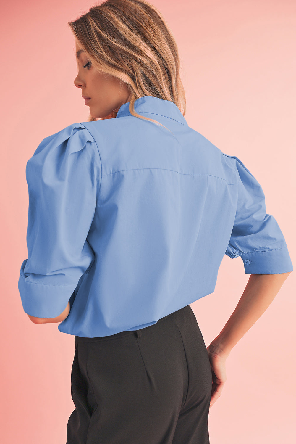 Sky Blue Solid Color Puff Short Sleeve Pleated Blouse