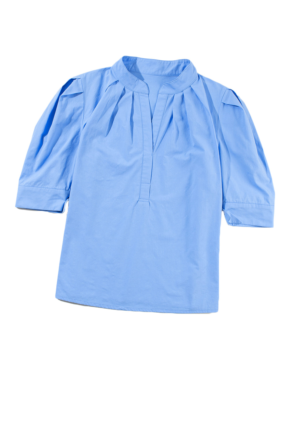 Sky Blue Solid Color Puff Short Sleeve Pleated Blouse