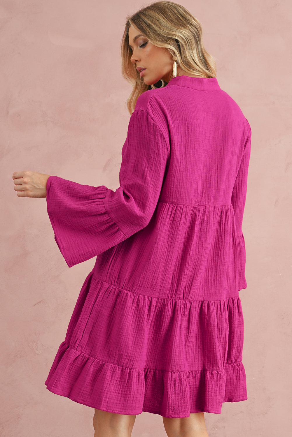 Rose Crinkled Tiered Split Neck Shirt Dress