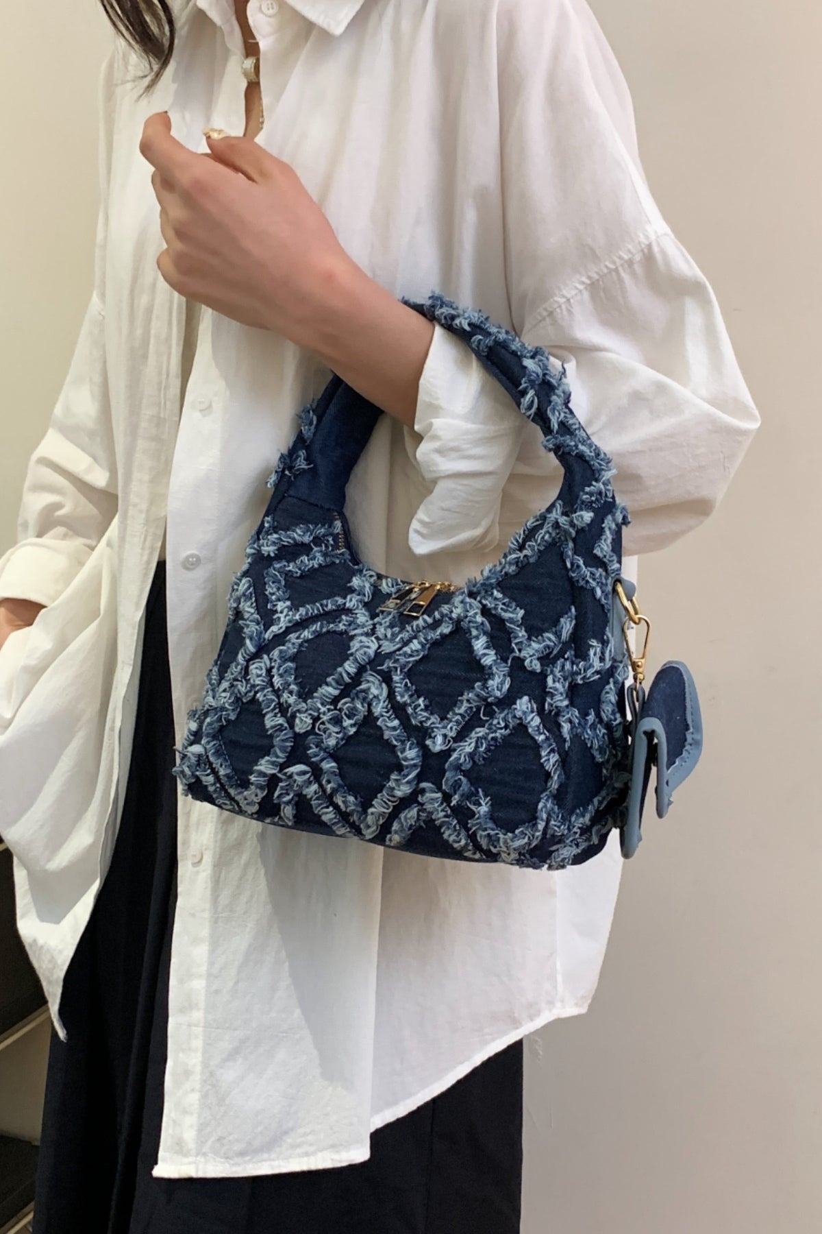 Raw Edge Denim Handbag with Pouch