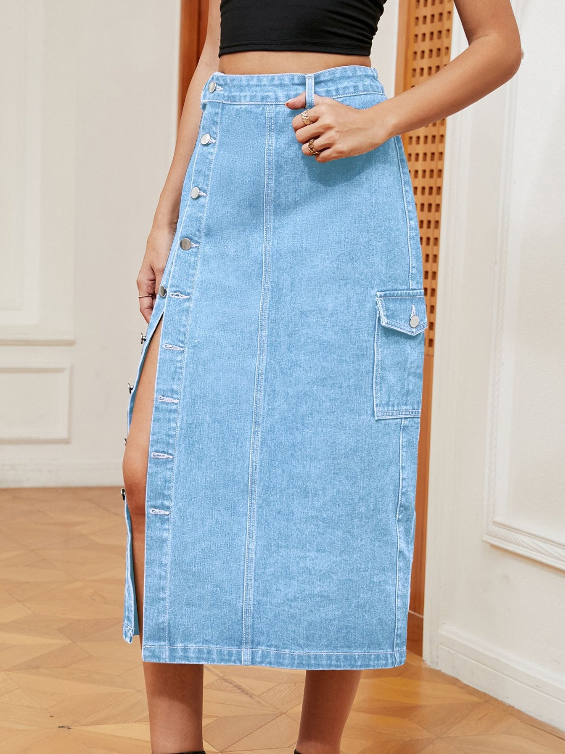 Button Down Midi Denim Skirt