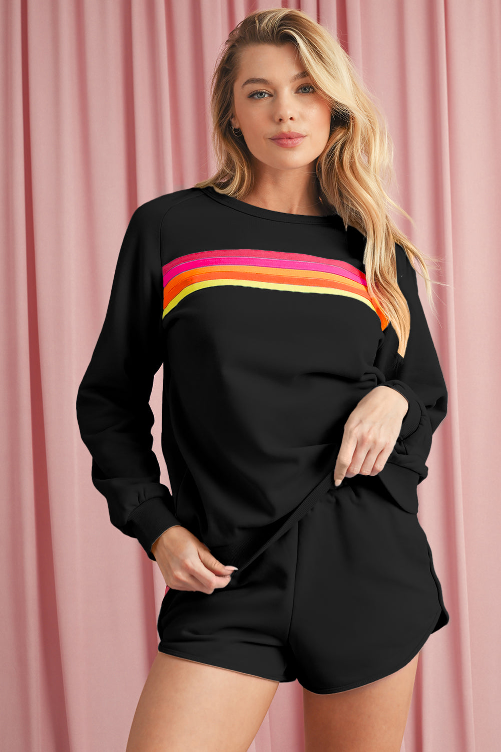 Black Colorful Striped Long Sleeve Pullover and Shorts Set