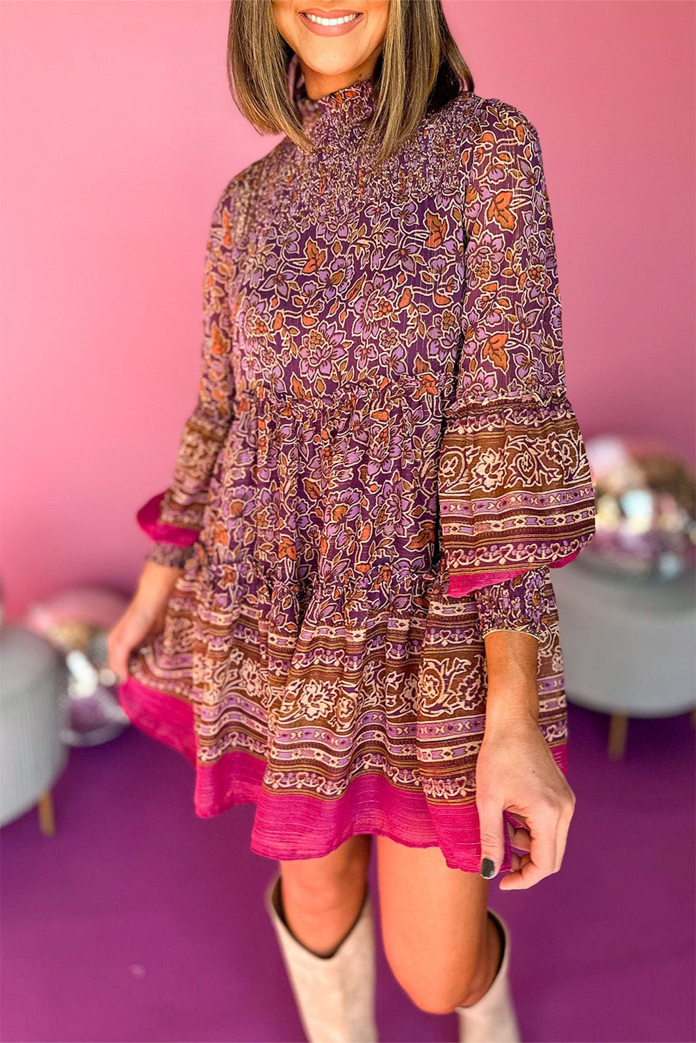 Purple Floral Print Smocked Puff Sleeve High Neck Mini Dress